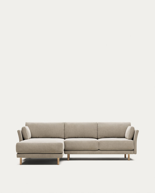 Canapé Gilma 3 places avec méridienne droite/gauche ignifugé en chenille beige et pieds avec finition naturelle 260 cm