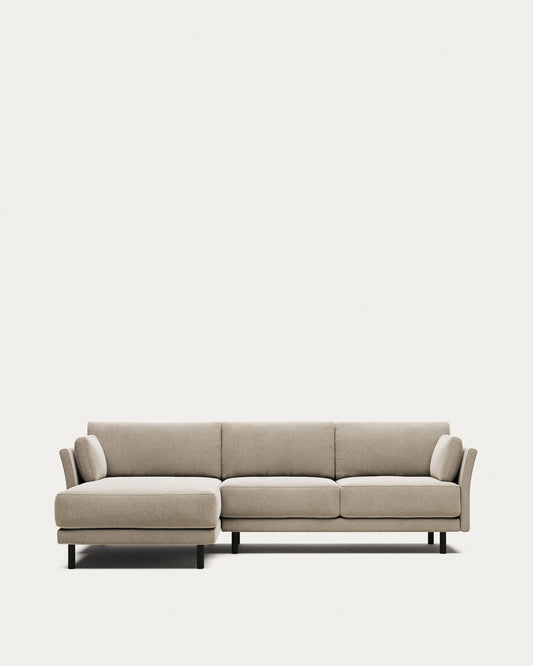 Canapé Gilma 3 places avec méridienne droite/gauche ignifugé en chenille beige et pieds avec finition noire 260 cm