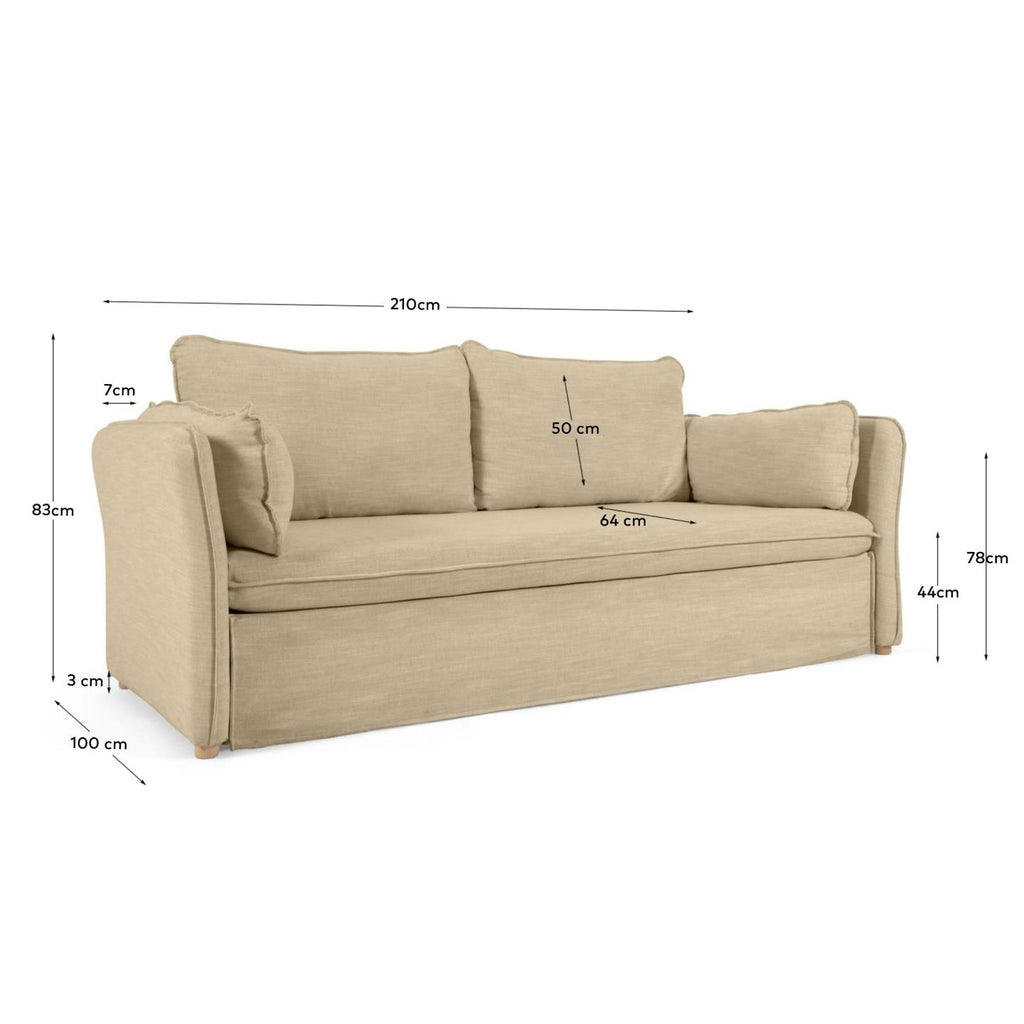 Canapé-lit Tanit beige pieds en bois de hêtre finition naturelle 210 cm FSC Mix Credit