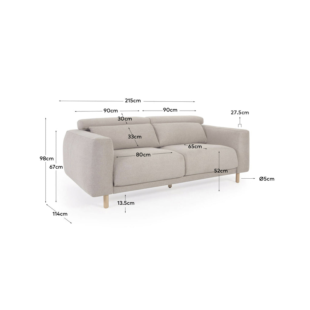 Canapé Singa 3 places avec appui-tête inclinable et siège extensible beige 215 cm FSC Mix Credit