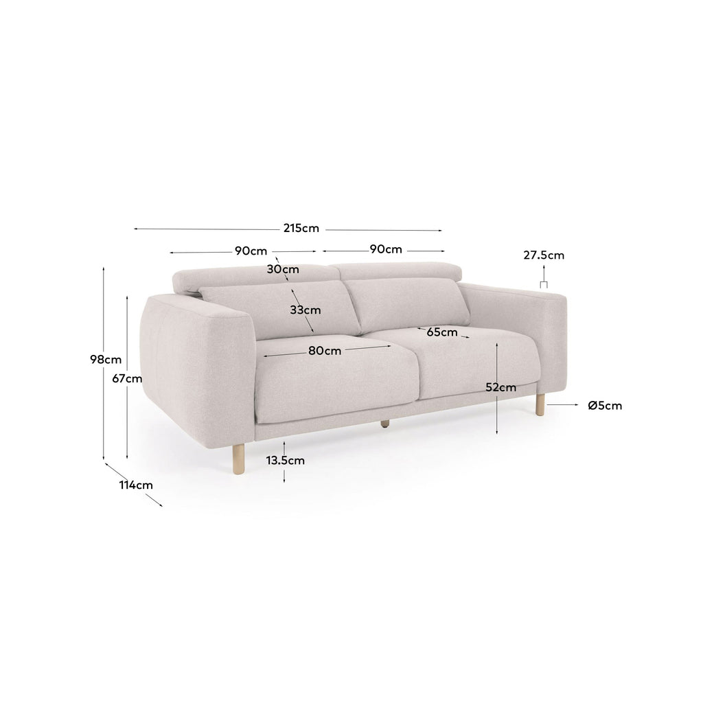 Canapé Singa 3 places avec appui-tête inclinable et siège extensible blanc 215 cm