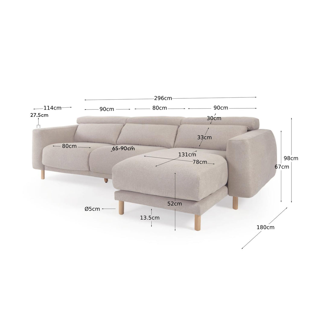 Canapé Singa 3 places avec méridienne droite, appui-tête inclinable et siège extensible beige 296 cm FSC Mix Credit