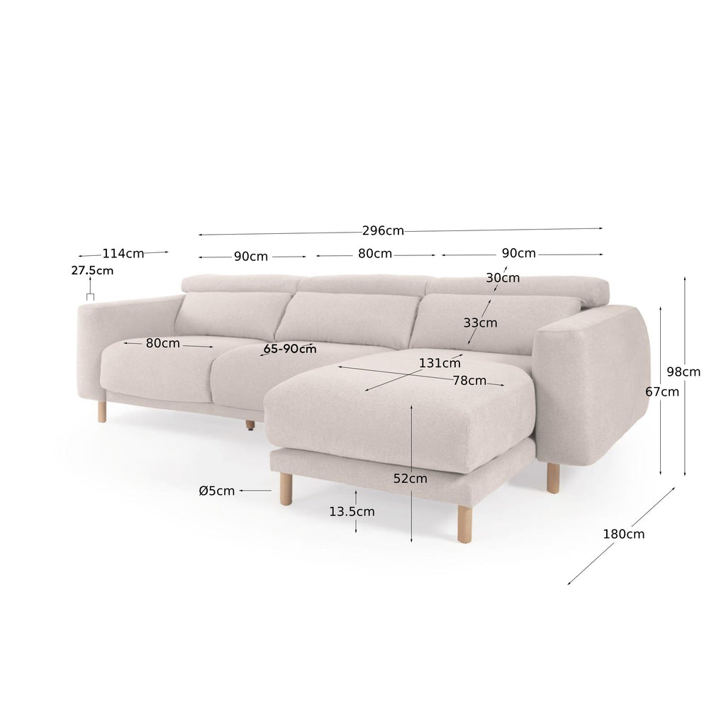 Canapé Singa 3 places avec méridienne droite, appui-tête inclinable et siège extensible blanc 296 cm
