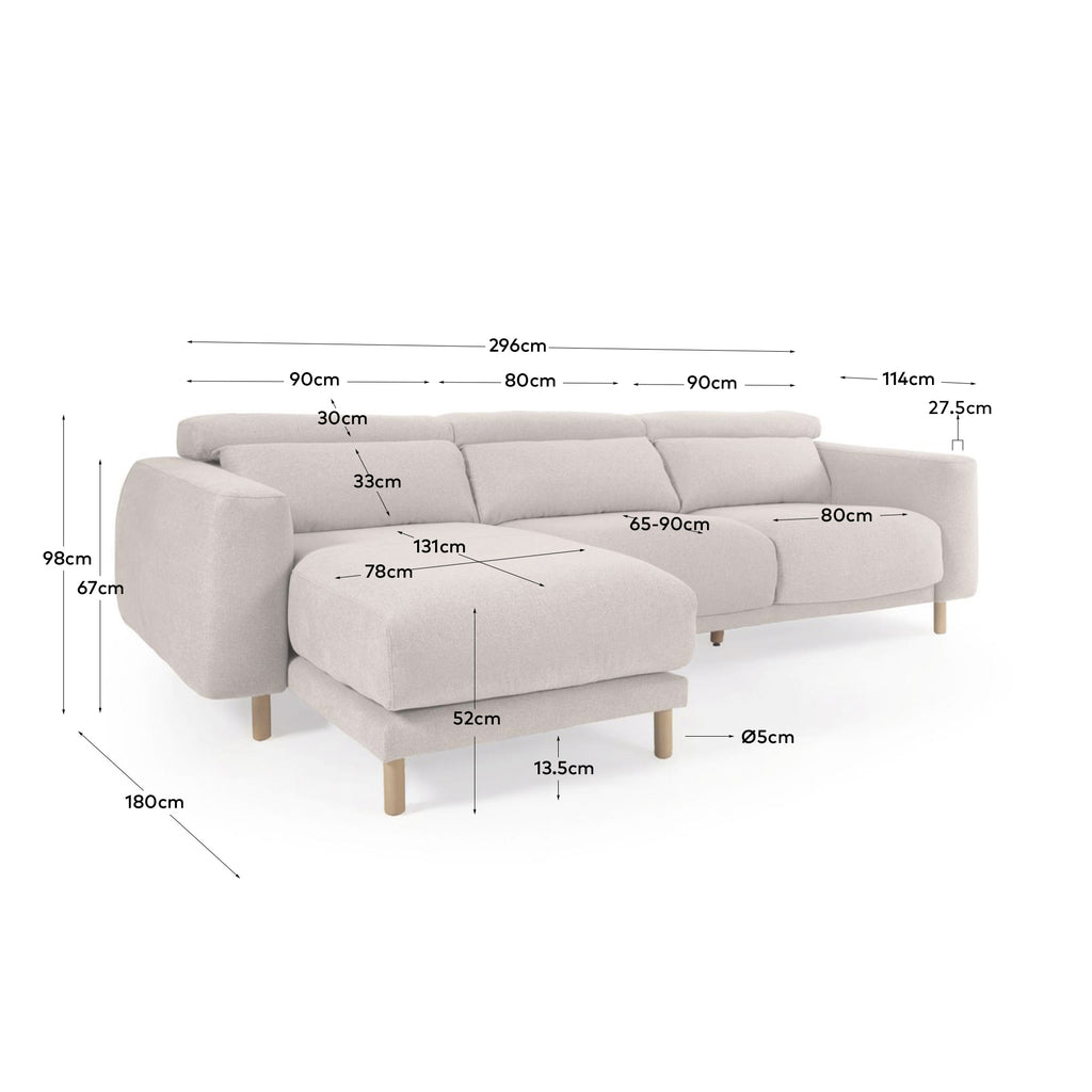 Canapé Singa 3 places avec méridienne gauche, appui-tête inclinable et siège extensible blanc 296 cm