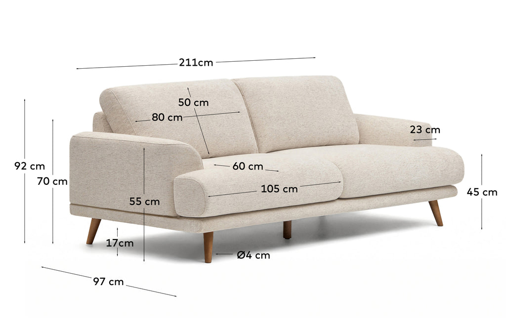 Canapé Karin 2 places en chenille beige et pieds en bois de hêtre avec finition ton noyer 210 cm