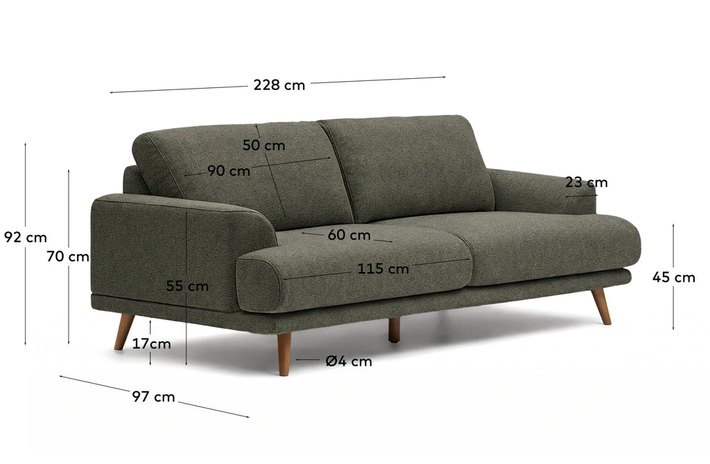Canapé Karin 3 places en chenille vert foncé et pieds en bois de hêtre avec finition ton noyer 228 cm
