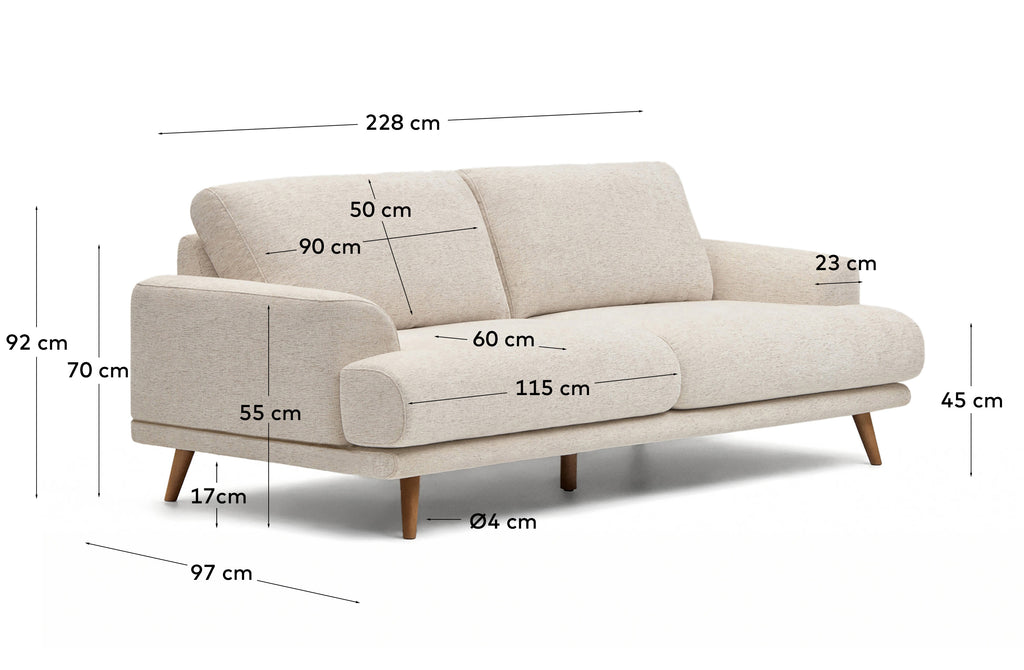 Canapé Karin 3 places en chenille beige et pieds en bois de hêtre avec finition ton noyer 231 cm