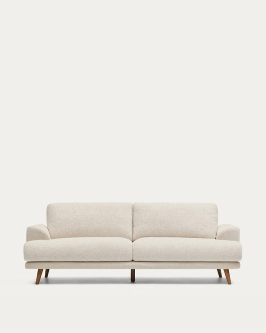 Canapé Karin 3 places en chenille beige et pieds en bois de hêtre avec finition ton noyer 231 cm