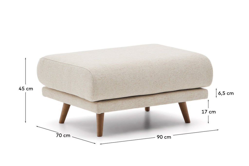 Repose-pieds Karin en chenille beige et pieds en bois de hêtre avec finition ton naturel 90 x 70 cm