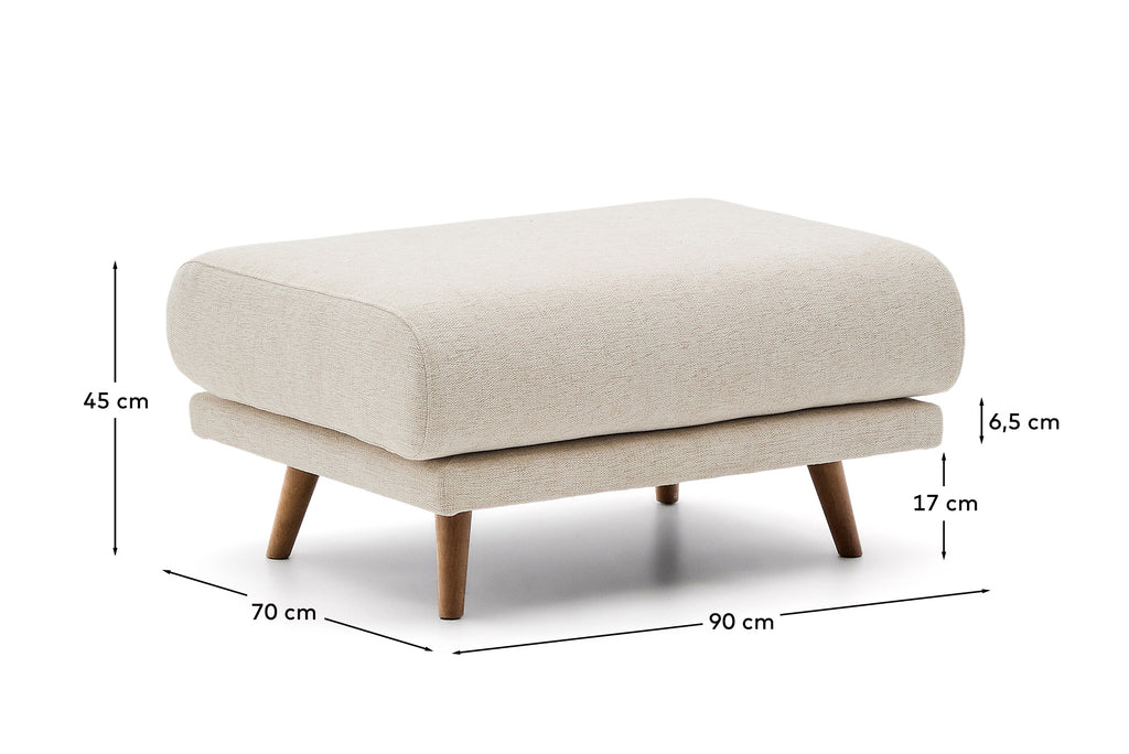 Repose-pieds Karin en chenille beige et pieds en bois de hêtre avec finition ton noyer 90 x 70 cm
