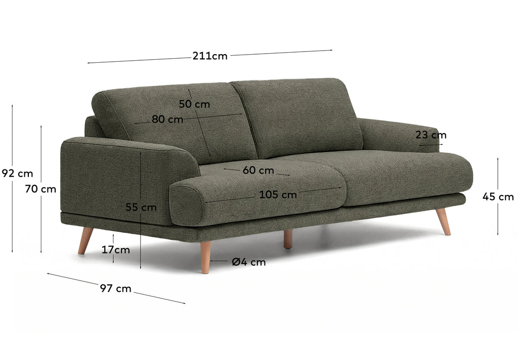 Canapé Karin 2 places en chenille vert foncé et pieds en bois de hêtre avec finition ton naturel 210 cm