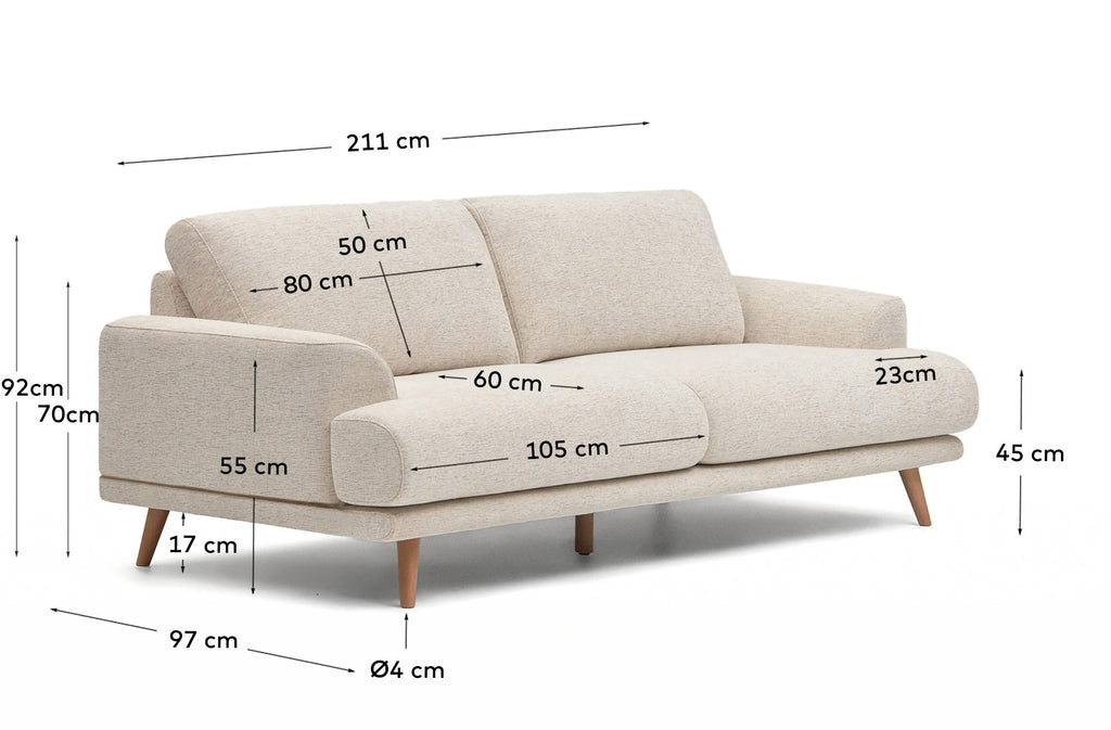 Canapé Karin 2 places en chenille beige et pieds en bois de hêtre avec finition ton naturel 211 cm