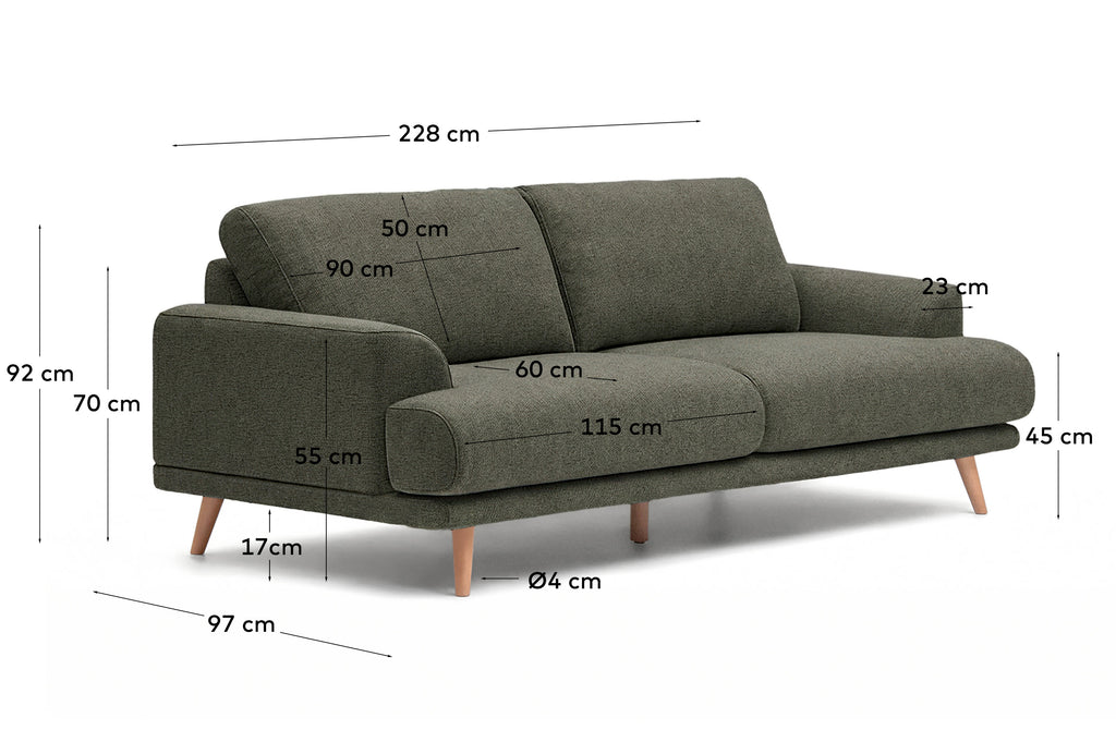 Canapé Karin 3 places en chenille vert foncé et pieds en bois de hêtre avec finition ton naturel 231 cm