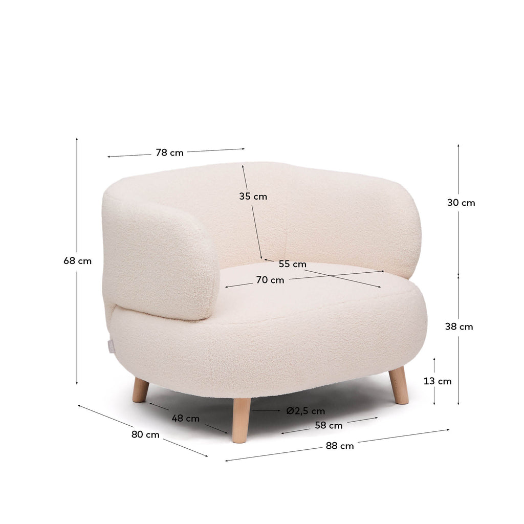 Fauteuil Luisa bouclette écru avec pieds en bois de hêtre 90 cm