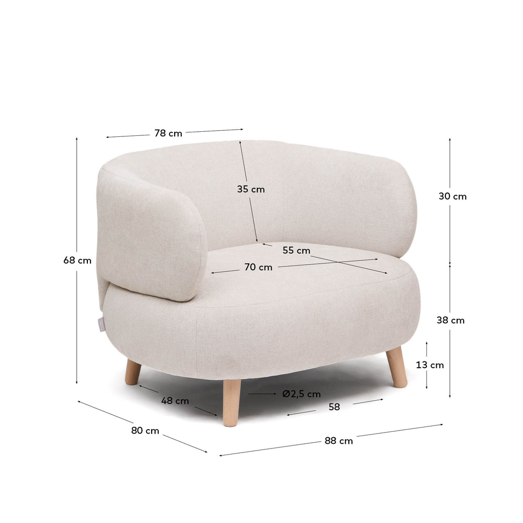 Fauteuil Luisa chenille perle avec pieds en bois de hêtre 90 cm