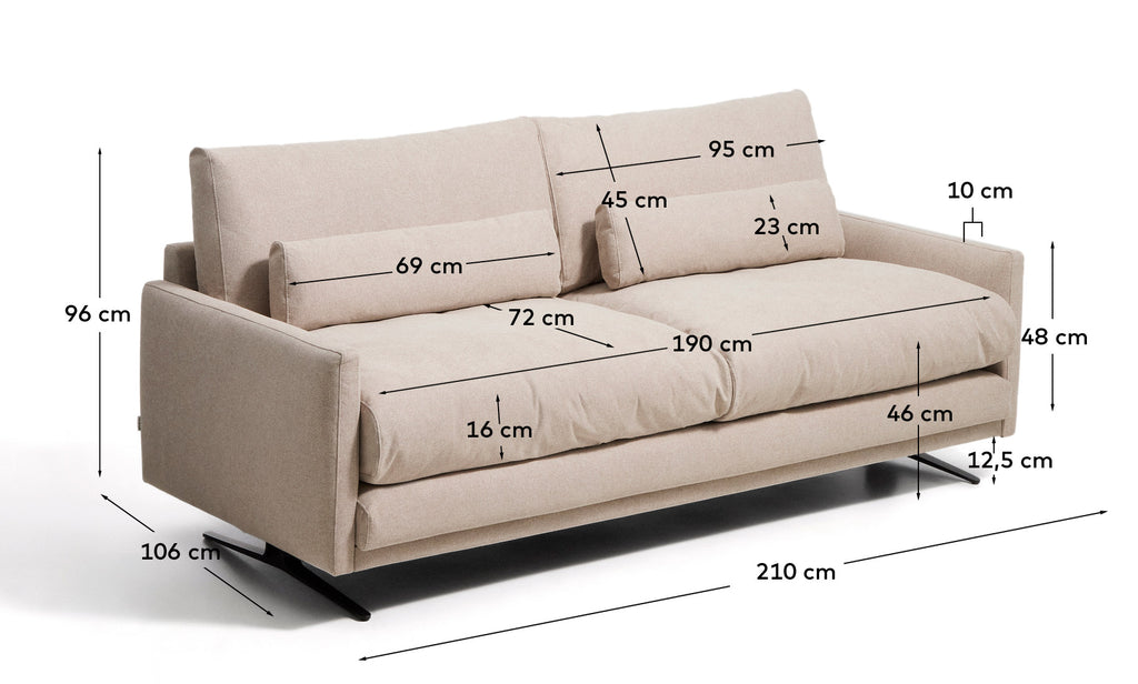 Canapé 3 places Veliro ignifugé beige et pieds en acier avec finition noire 210 cm FSC Mix Credit