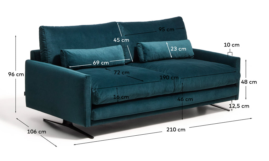 Canapé 2 places Veliro ignifugé en velours turquoise intense et pieds en acier avec finition noire 210 cm FSC Mix Credit
