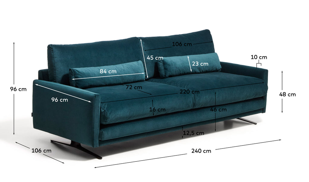 Canapé 3 places Veliro ignifugé en velours turquoise intense et pieds en acier avec finition noire 240 cm FSC Mix Credit