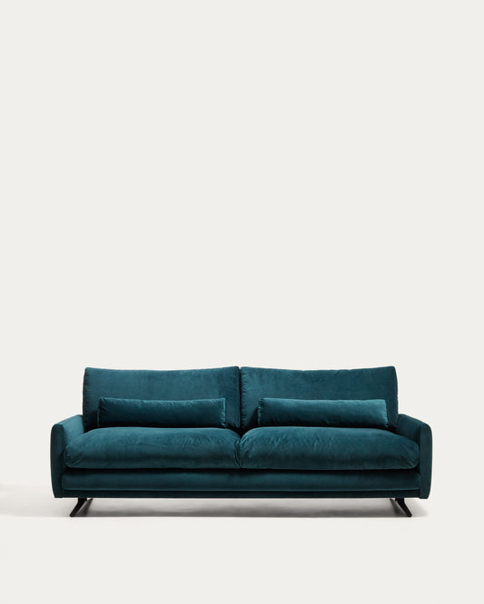 Canapé 3 places Veliro ignifugé en velours turquoise intense et pieds en acier avec finition noire 240 cm FSC Mix Credit