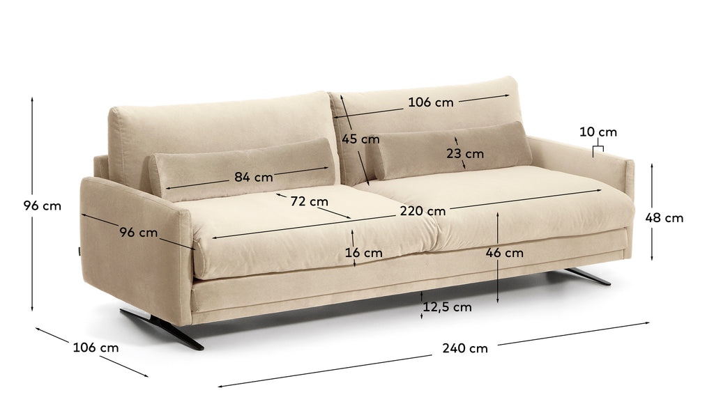 Canapé 3 places Veliro ignifugé en velours perle et pieds en acier avec finition noire 240 cm FSC Mix Credit