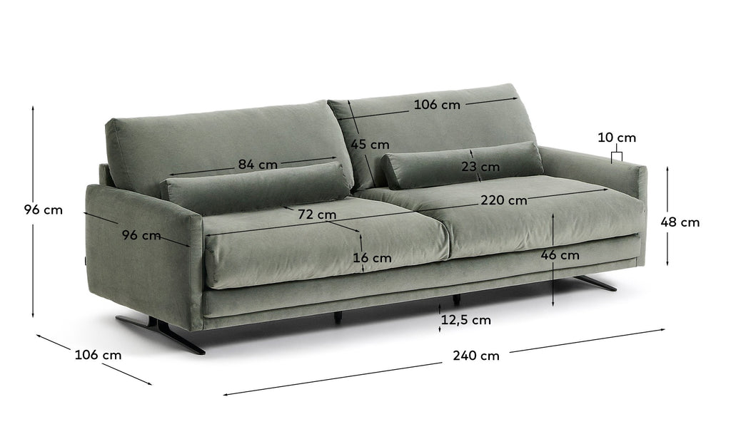 Canapé Veliro 3 places en velours vert avec pieds en acier noir 240 cm – Certifié FSC Mix Credit