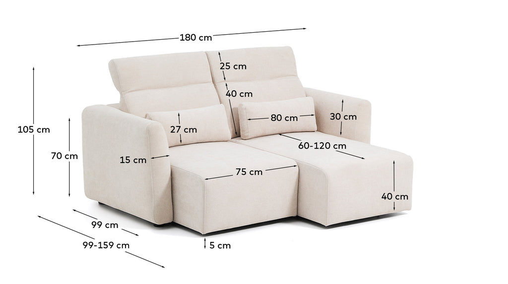 Canapé Lares 2 places avec sièges coulissants électriques et appui-tête inclinable en chenille beige 180 cm
