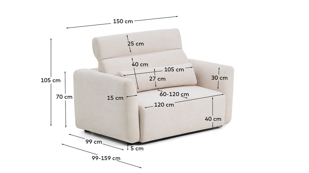 Canapé Lares 2 places avec sièges coulissants électriques et appui-tête inclinable en chenille beige 150 cm