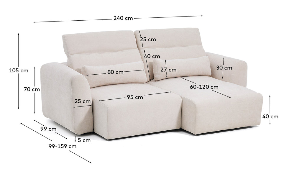Canapé Lares 3 places avec sièges coulissants électriques et appui-tête inclinable en chenille beige 240 cm