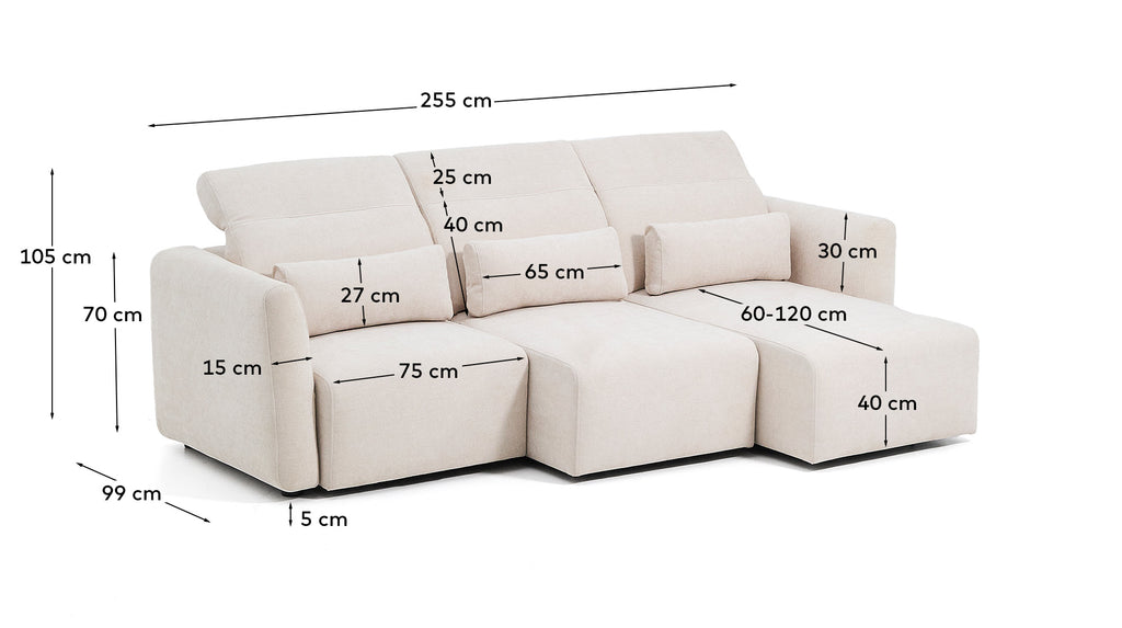 Canapé Lares 3 places avec sièges coulissants électriques et appui-tête inclinable en chenille beige 255 cm