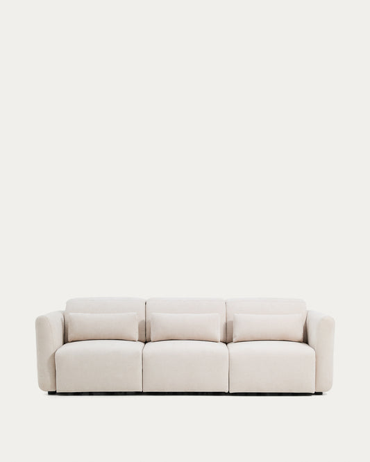 Canapé Lares 3 places avec sièges coulissants électriques et appui-tête inclinable en chenille beige 255 cm