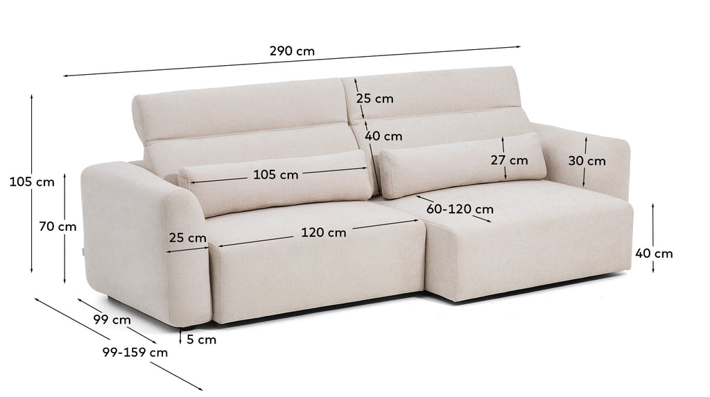 Canapé Lares 4 places avec sièges coulissants électriques et appui-tête inclinable en chenille beige 290 cm