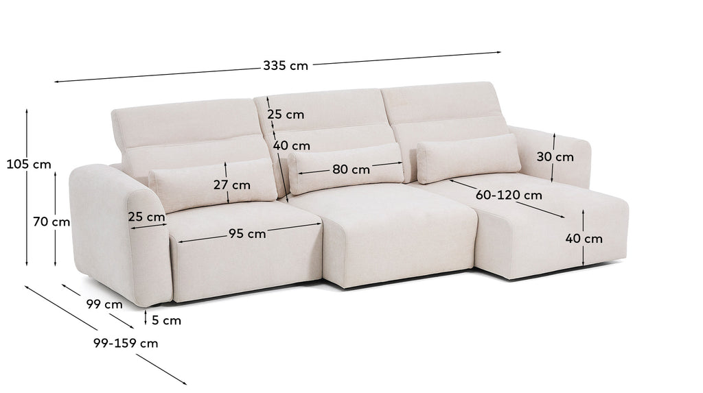 Canapé Lares 5 places avec sièges coulissants électriques et appui-tête inclinable en chenille beige 335 cm