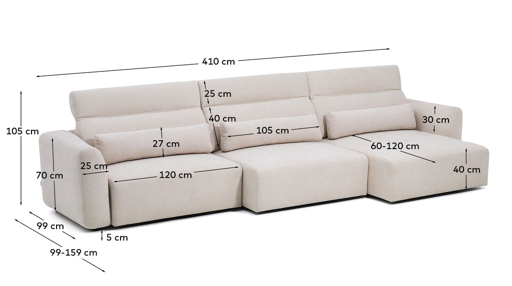 Canapé Lares 6 places avec sièges coulissants électriques et appui-tête inclinable en chenille beige 410 cm