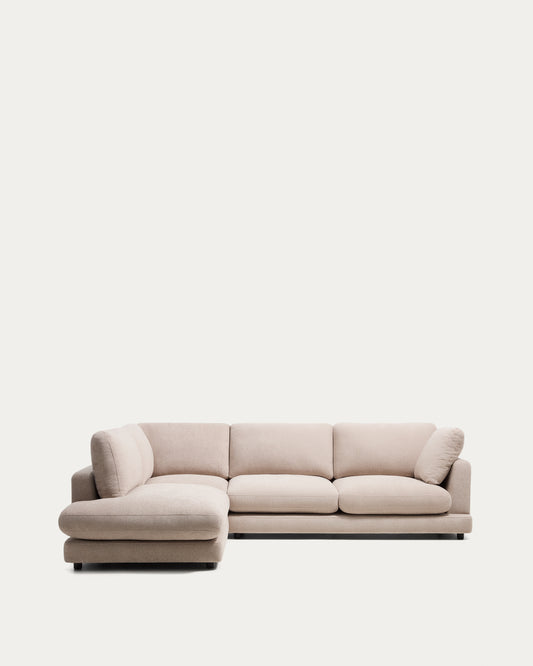 Canapé d’angle Gala 5 places avec pouf terminal gauche en micro-bouclette beige 225 x 300 cm – FSC Mix Credit