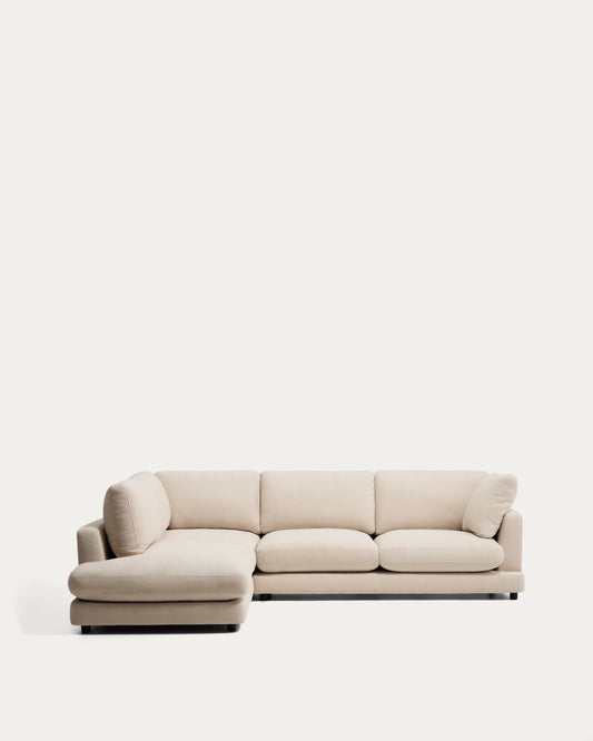 Canapé d’angle Gala 5 places avec pouf terminal gauche en chenille beige 225 x 300 cm – FSC Mix Credit
