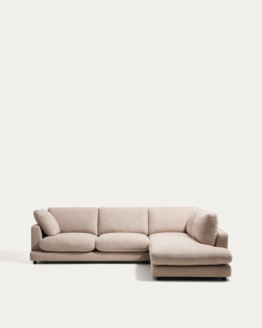 Canapé d’angle Gala 5 places avec pouf terminal droit en micro-bouclette beige 300 x 225 cm – FSC Mix Credit