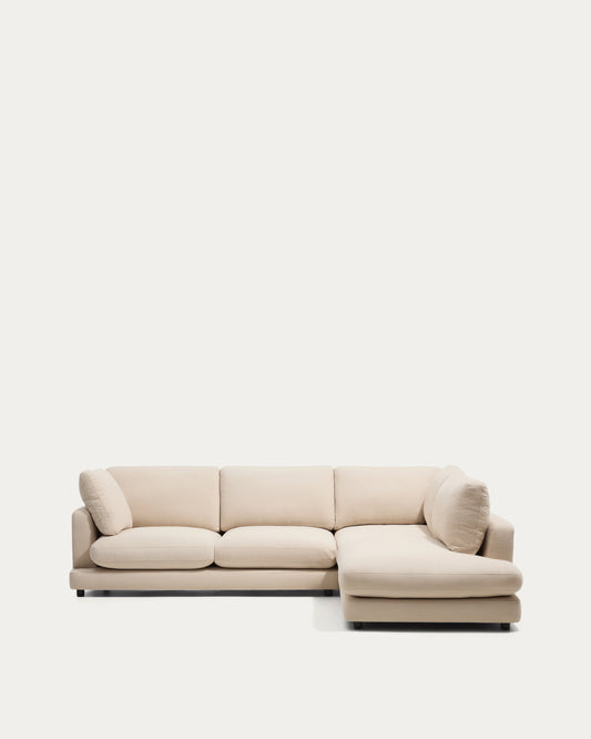 Canapé d’angle Gala 5 places avec pouf terminal droit en chenille beige 300 x 225 cm – FSC Mix Credit