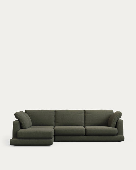 Canapé Gala 4 places avec chaise longue à gauche en chenille vert foncé FSC Mix Credit 300 cm