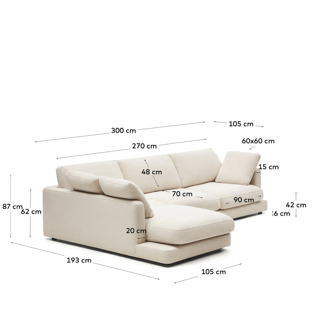 Canapé Gala 4 places en chenille beige avec méridienne gauche 300 cm – Certifié FSC Mix Credit