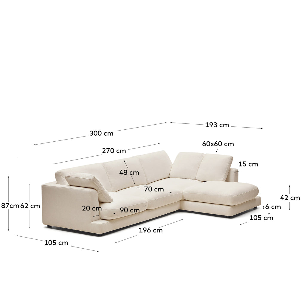 Canapé Gala 4 places en chenille beige avec méridienne droite 300 cm – Certifié FSC Mix Credit