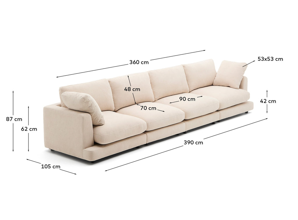 Canapé Gala 6 places en chenille beige 390 cm – Certifié FSC Mix Credit