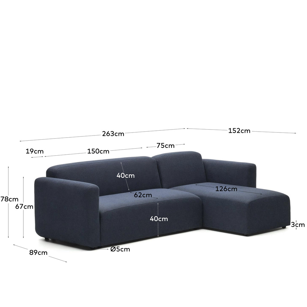 Canapé modulable Neom 3 places méridienne droite/gauche tissu structuré bleu 263 cm FSC Mix Credit