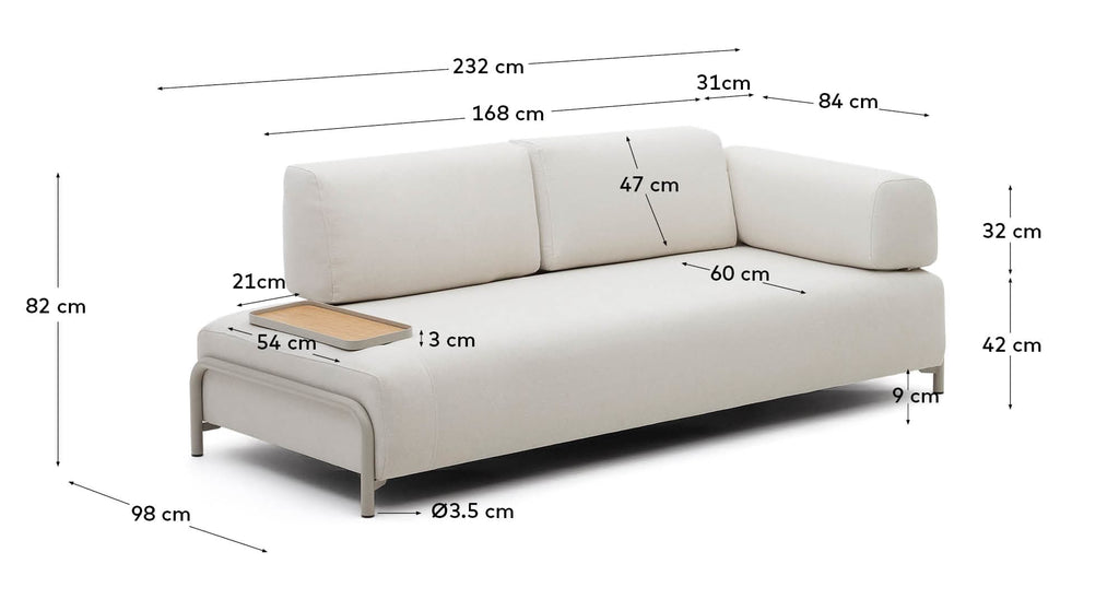 Canapé Compo 3 places chenille beige, plateau petit placage de chêne et structure en métal beige 232cm FSC Mix Credit