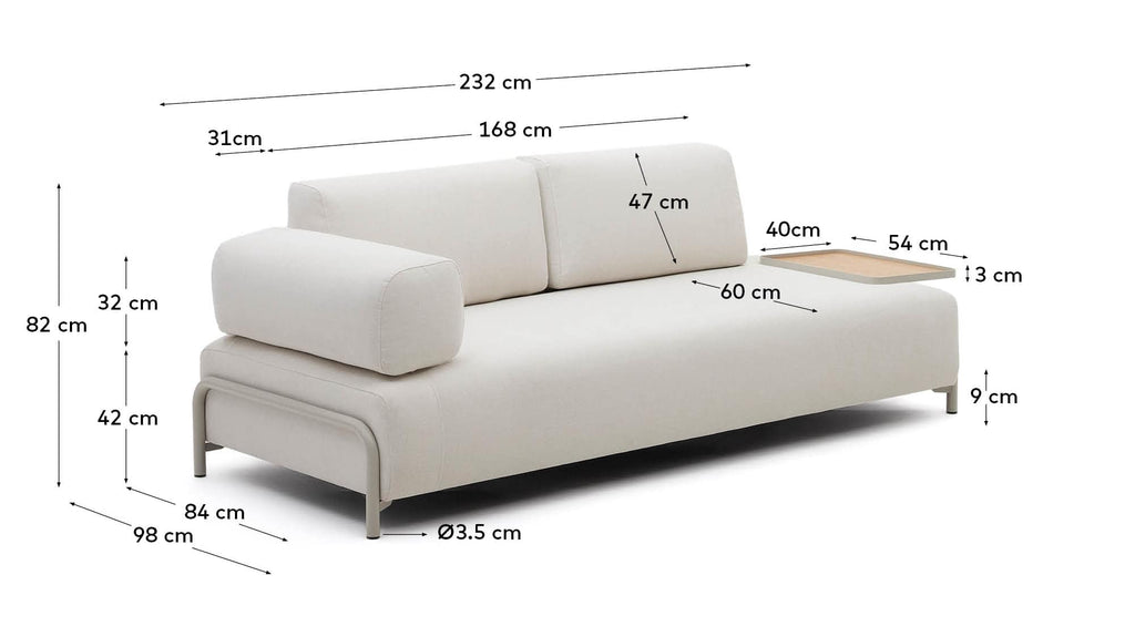 Canapé Compo 3 places chenille beige, plateau grand placage chêne et structure en métal beige 232cm FSC Mix Credit