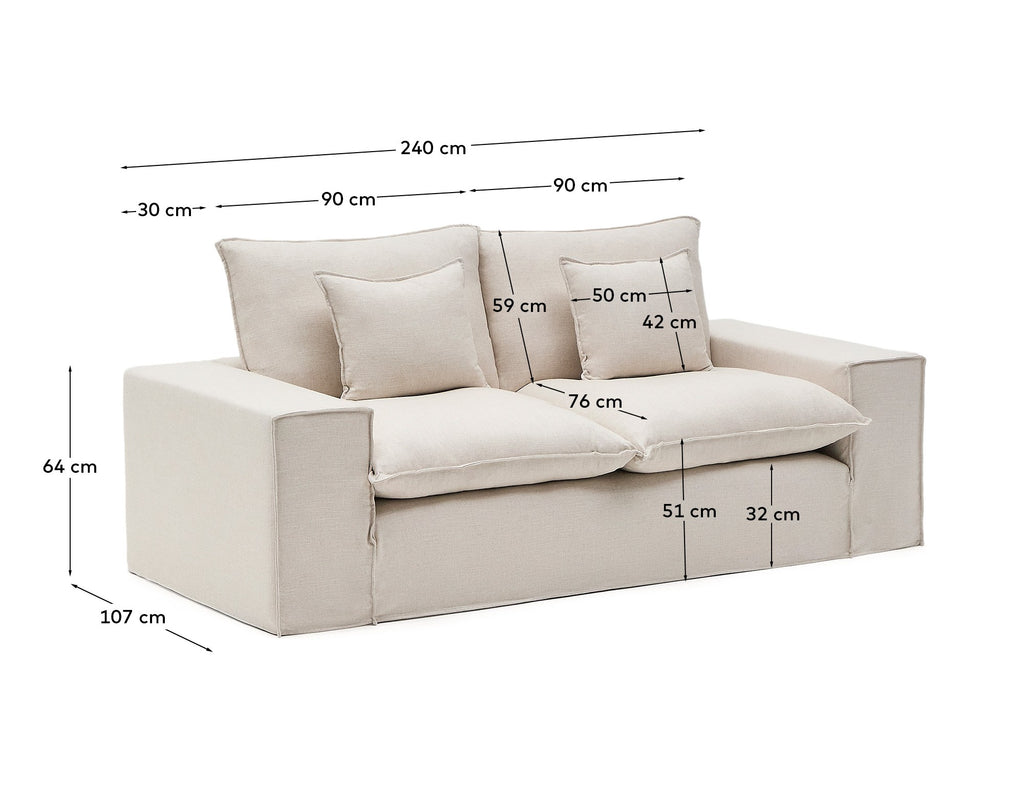 Canapé déhoussable Anarela 2 places avec coussins en lin beige FSC Mix Credit 240 cm.
