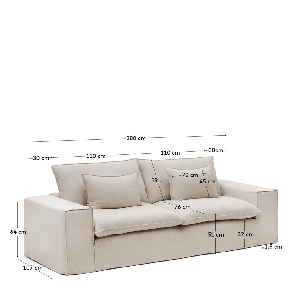 Canapé déhoussable Anarela 3 places avec coussins en lin beige FSC Mix Credit 280 cm.