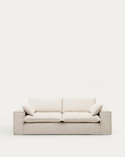 Canapé déhoussable Anarela 3 places avec coussins en lin beige FSC Mix Credit 280 cm.