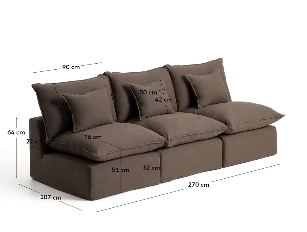 Canapé modulable déhoussable Anarela 3 places en 100 % lin taupe 270 cm FSC Mix Credit