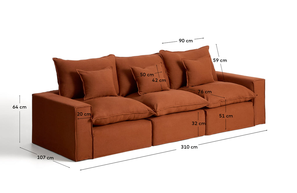 Canapé modulable déhoussable Anarela 3 places en 100 % lin terracotta 310 cm FSC Mix Credit