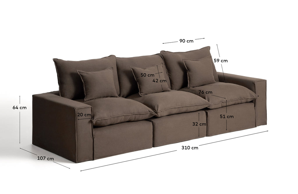 Canapé modulable déhoussable Anarela 3 places en 100 % lin taupe 310 cm FSC Mix Credit